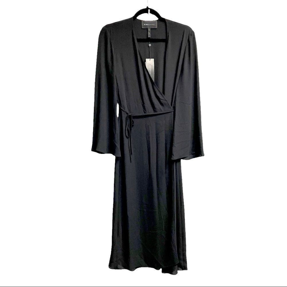 BCBGMAXAZRIA Black Kimono Wrap Midi Dress Duster XXS